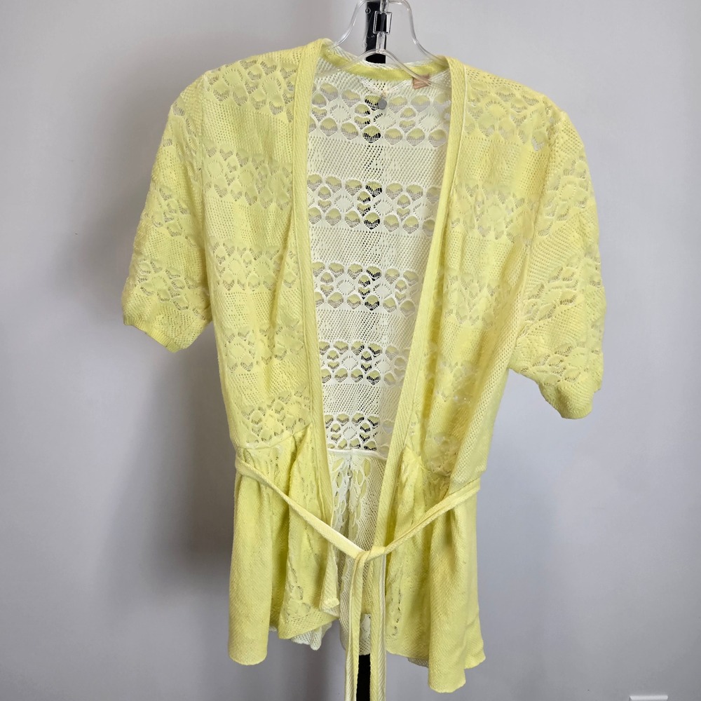 Knitted & Knotted Anthropologie Yellow Lace Pointelle Cotton Cardigan Small Y2K